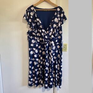 Ivanka Trump Women’s 3X Floral Faux Wrap Dress‎ Navy Blue White Plus Size NWT